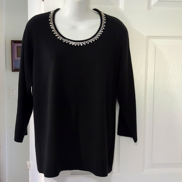 CATHY DANIELS BLACK 3/4 SLEEVE SWEATER WITH RHINESTONE NECKLINE  SZ XL - Picture 1 of 5